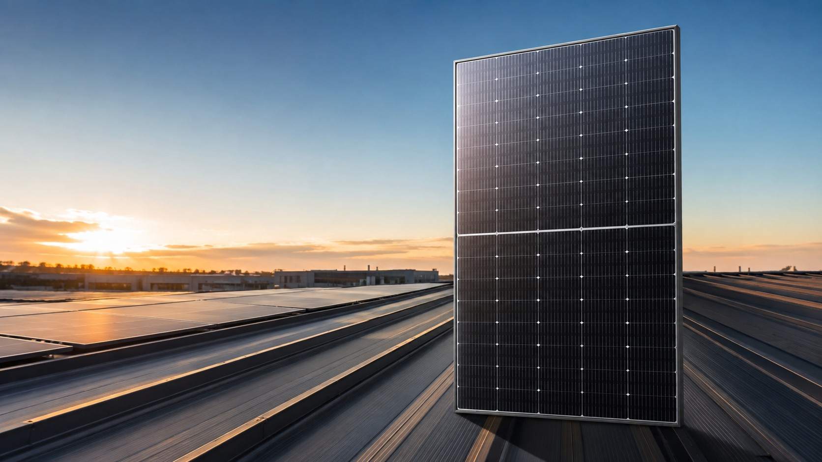 Anern 430W N-Type Dual Glass Solar Panel featuring Hot 2.0 technology on a commercial site